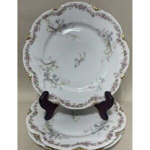 Set of 3 Haviland Limoges Blue Cornflower Pink Roses 10 Inch Dinner Plate Gold